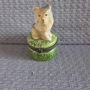 Ceramic Dog Trinket Box in Green and Cream